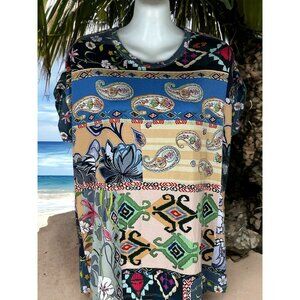 JOHNNY WAS Viscose Bamboo Floral AbstracT Cap Sleeve Top Blouse
